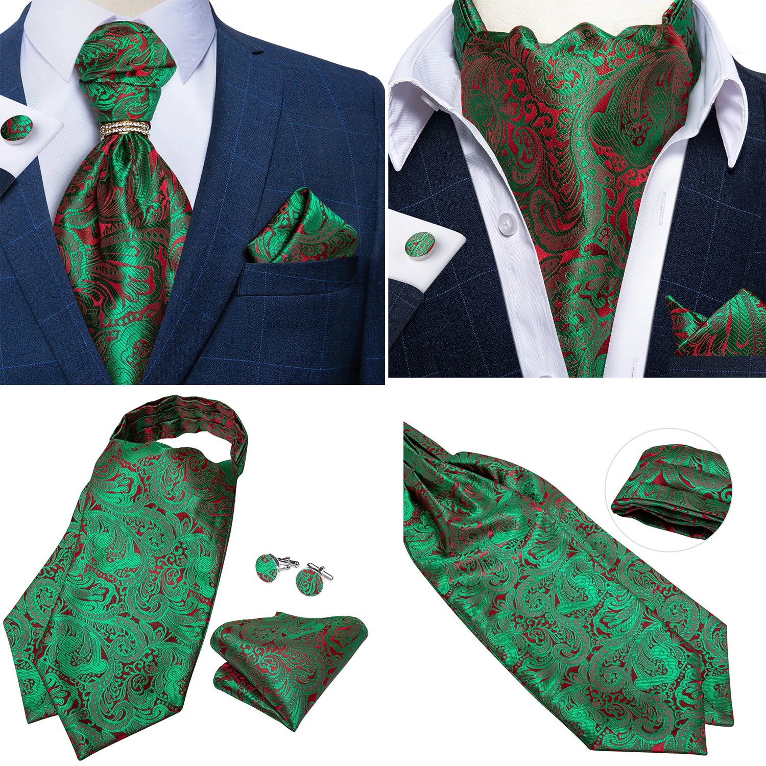 Luxury Men Green Blue Paisley Ascot Tie Set Solid Necktie Ring Wedding Party Cravat Purple Ties Pocket Sqaure Cufflink Free Ship