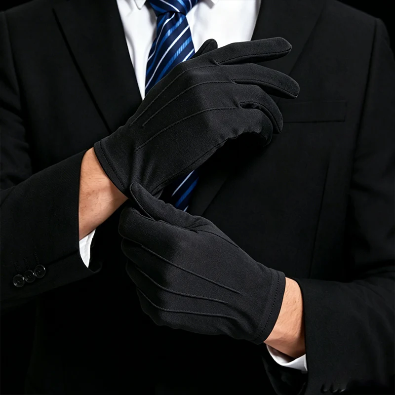 Elegant White Three-Stripe Men's Thin Short Gloves for Spring and Summer Sports Events, Performances, Labor Protection, Driving, and Ceremonial Use