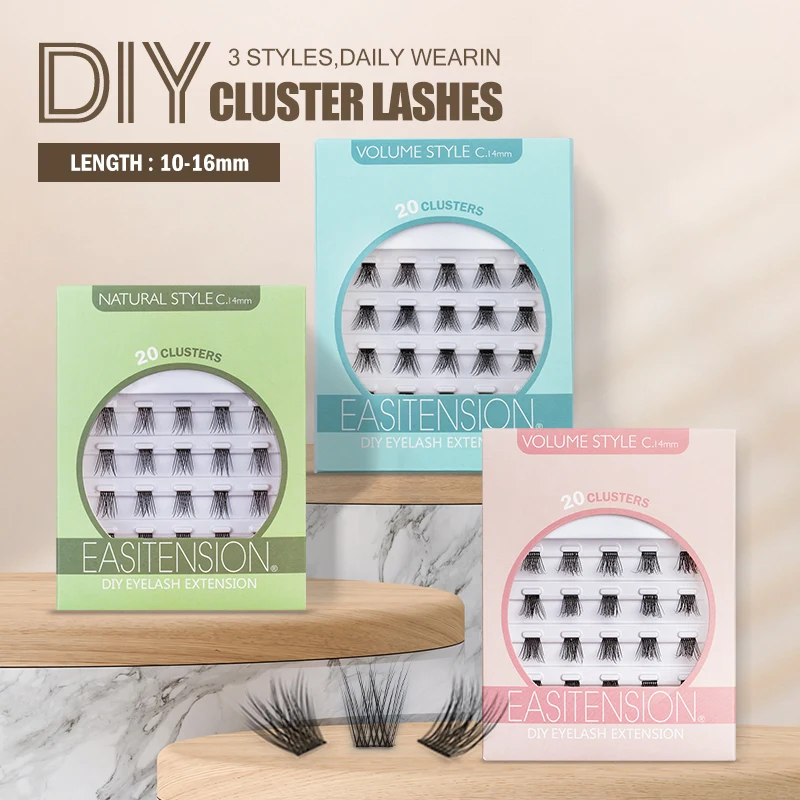 EASITENSION DIY Eyelash Extension 80 PCS Cluster Lashes Natural Volume Individual Lash Clusters Wisps Fluffy Russian Mink Bundle