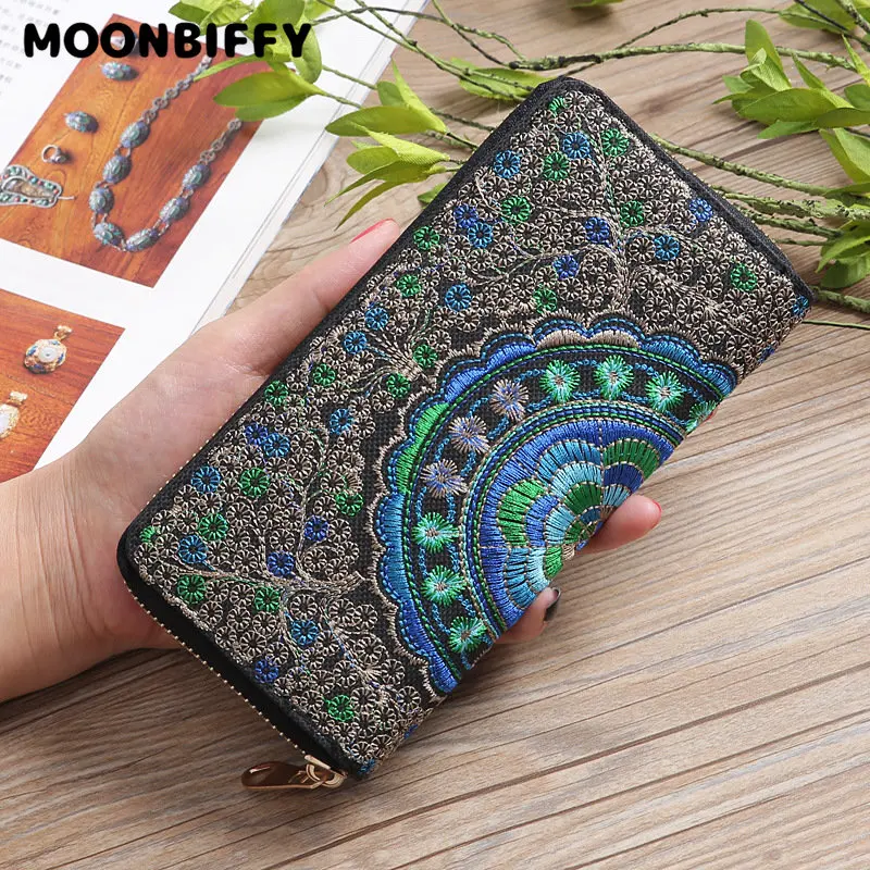 Ethnic Embroidery Flower Zipper Clutch Wallet Handbag Women Long Purse Bank Card Coin Pocket Credit Card Holder Cover Bag