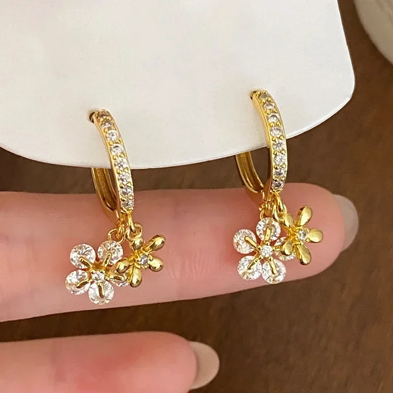 

Real 925 Sterling Silver 18K Gold Zircon Flower Pendant Hoop Earrings for Women Cute Fine Jewelry Minimalist Accessories