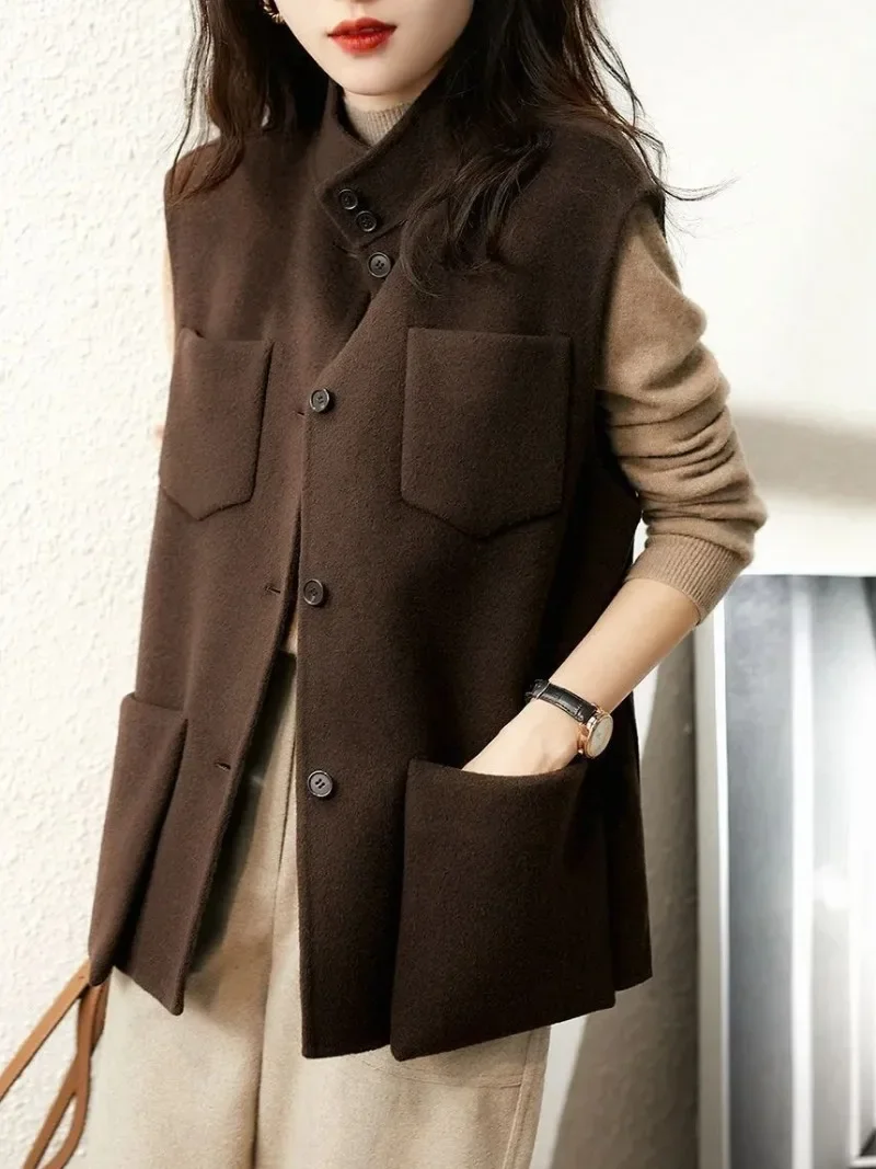 

Pocket Workwear Style Women's Wool Vests Fashion 2025 Korean Clothes New Outerwear Coats Classic Lady