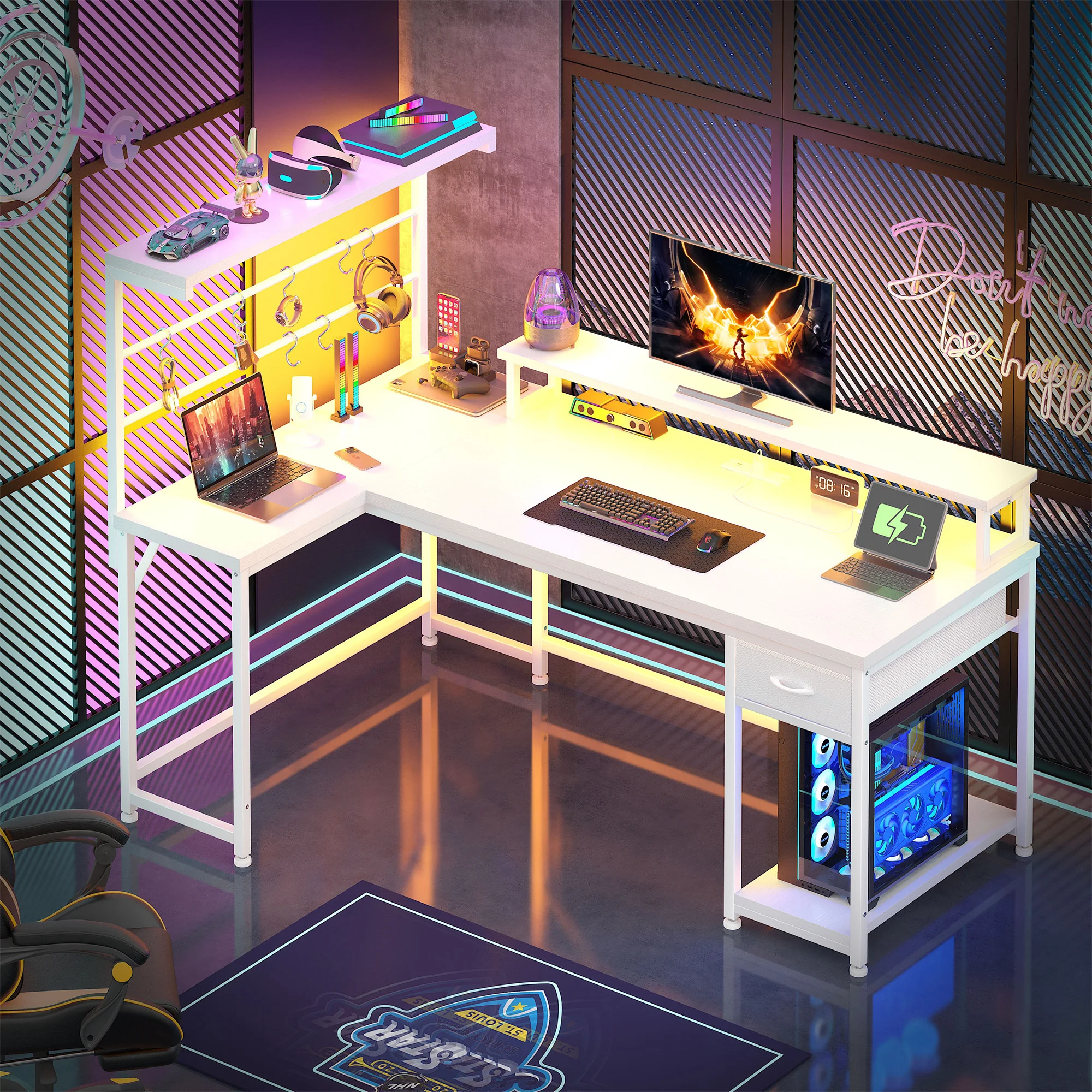 L字型ゲーミングデスク（LEDライト＆電源コンセント付き）、 - Home Office L Shaped Desk のレビューと価格