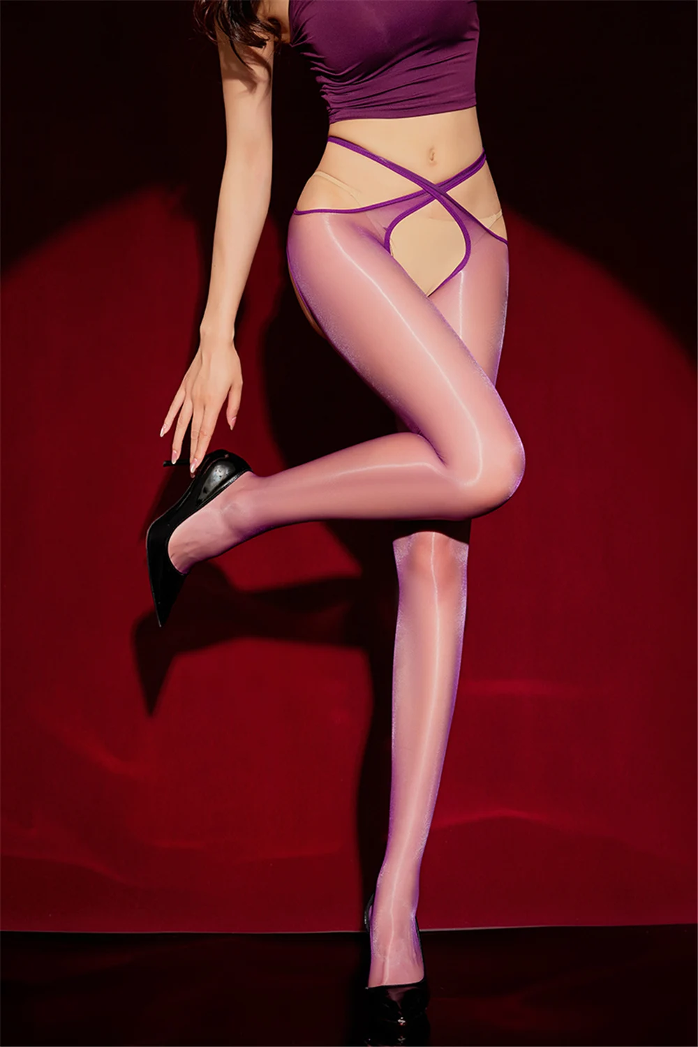 

Sexy Women Separate Stockings Thin Sheer See Through Crossing Open Crotch Pantyhose Oil Glossy Shiny Tights Maid Stockings