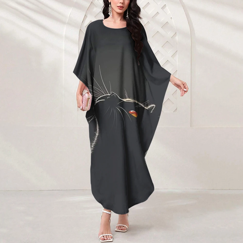 New Summer Women's Muslim Dress Fun Cat Print Loose Robe Eid Al-Fitr Women Outdoor Shopping Dress High Quality Dinner Dress