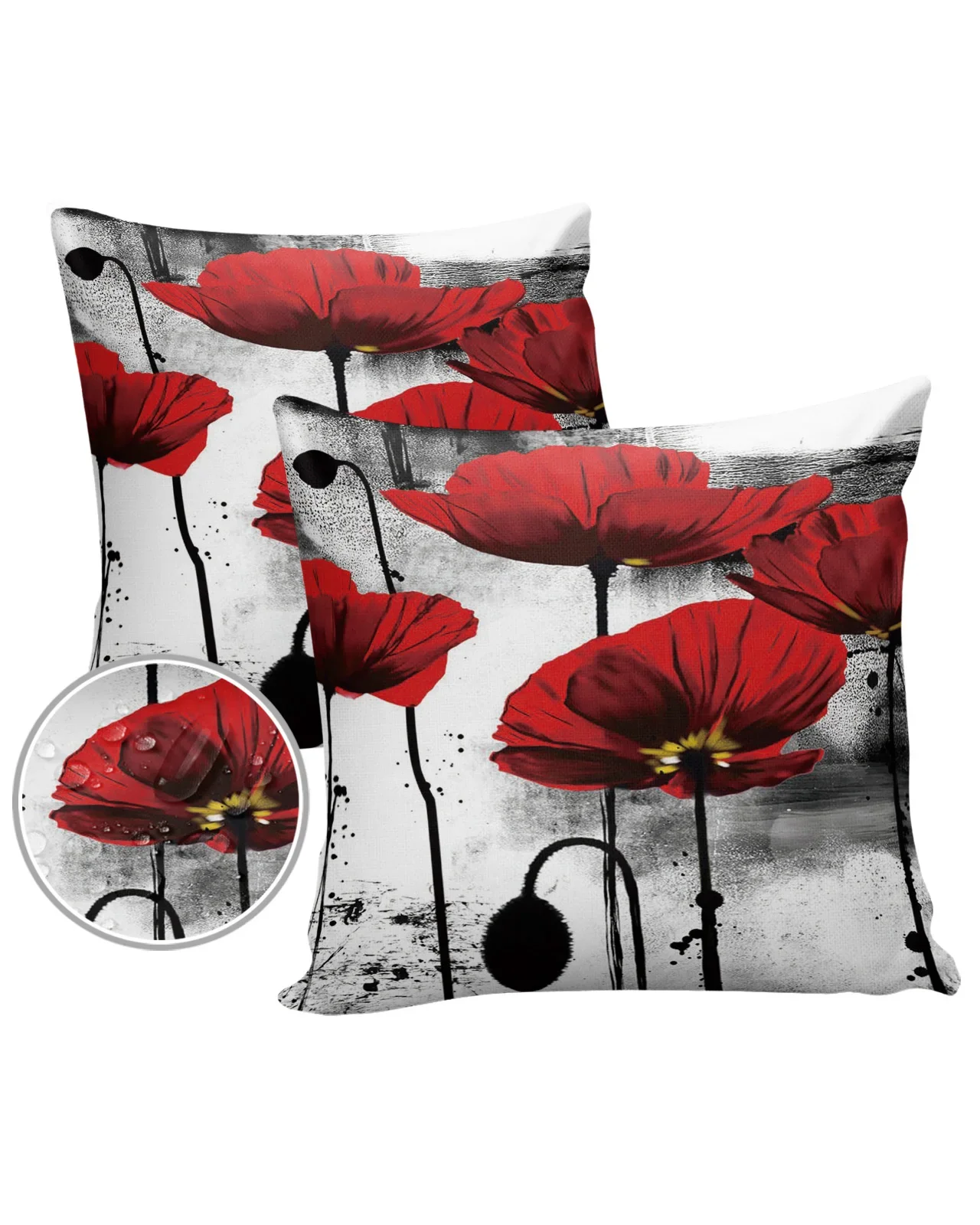 2/4PCS Outdoor Garden Chair Waterproof Cushion Cover Ink Painting Poppy Red Flower Home Decor 40/45/50/60/66cm Pillow Case