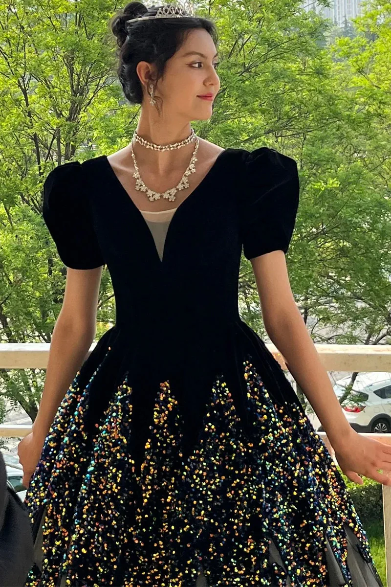 Customized  Black Evening Dress Puff Sleeve A-line V-neck Sequins Sparkling Elegant Formal Gowns for Women Vestidos De Noche