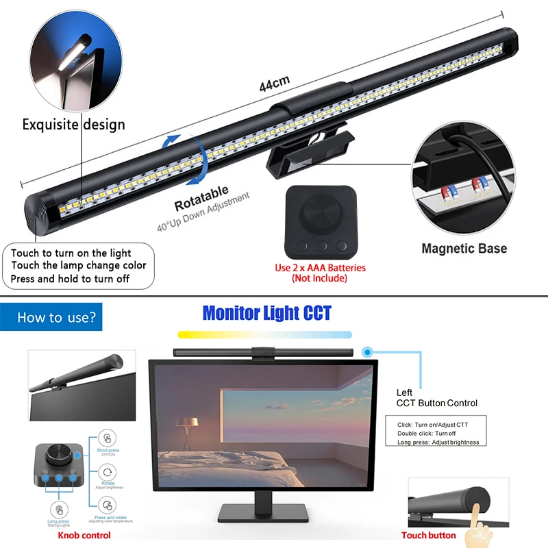 Eye-Care Computer Monitor Light 44cm Aluminum Knob Remote Table LED Task Lamp USB Magnetic Light No Glare Office Desk Lamp