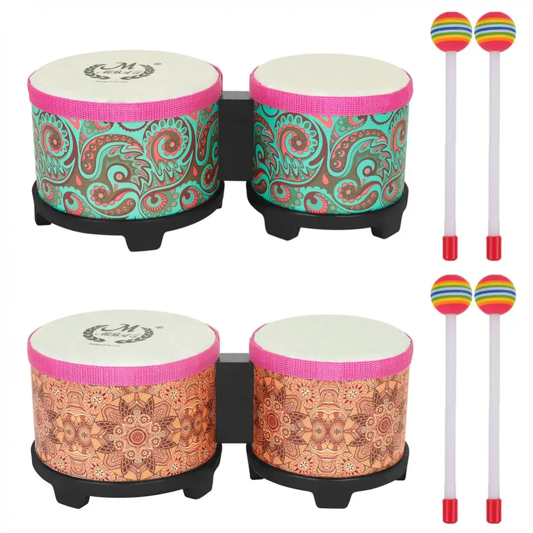 

5 & 6 Inch Sheepskin Head Bongos Drum for Kids Adults Percussion Instrument with Mallets, Rhythm Club Conjoined Drums