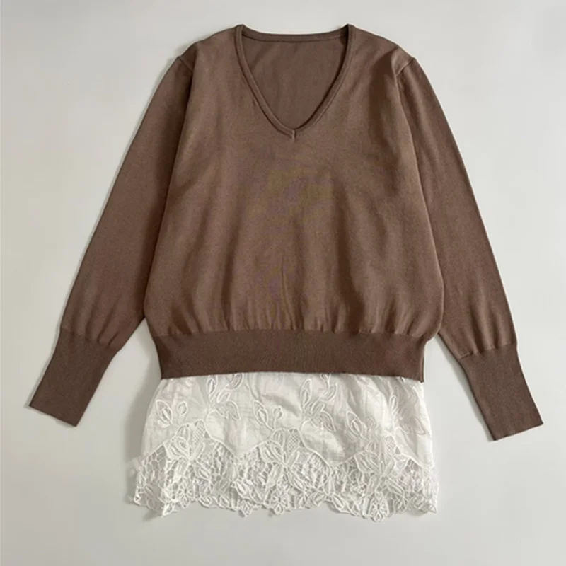 

Jenny&Dave French Elegant V-neck Lace Knitted Splicing Casual Knitted Dress Women's Sweater Knitwear Woman Clothing