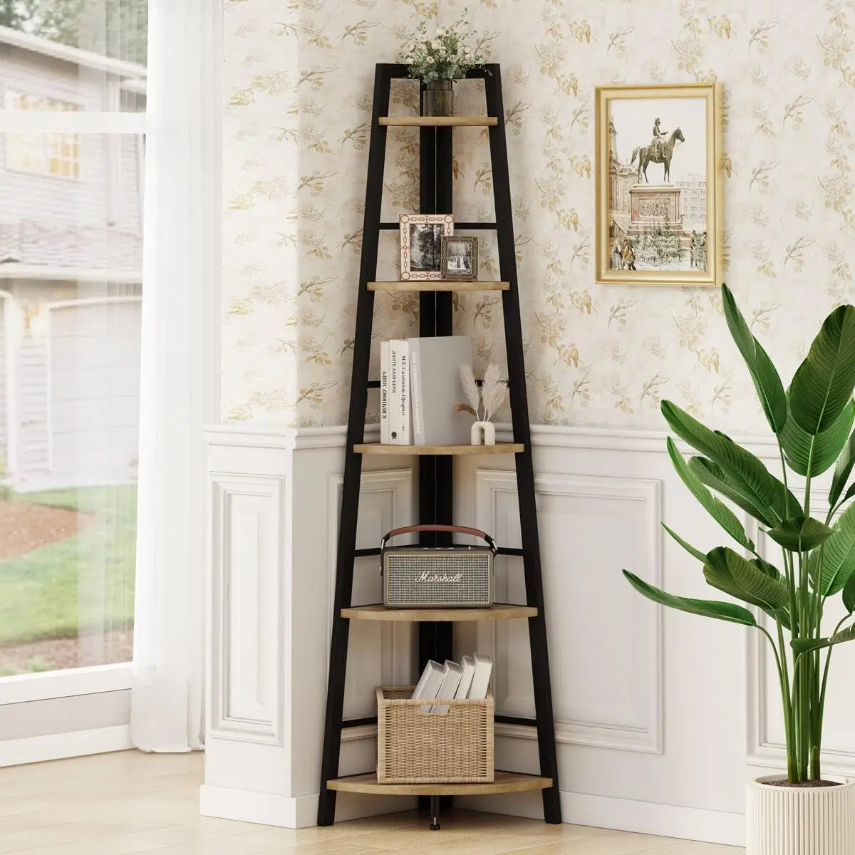 

Corner Ladder Shelf, 5 Tier Metal Wood Corner Bookshelf, Tall Shelving Unit Shelf Plant Stand for Living Room, Home Office