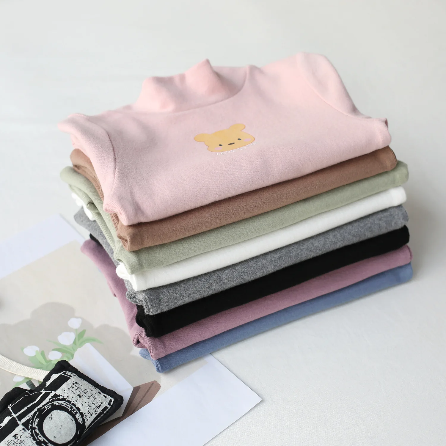 

Spring Autumn Korean Children Girl Pullovers Cotton Cartoon Bear Baby Girl Top Solid Turtleneck Long Sleeve Kids Girl Undershirt