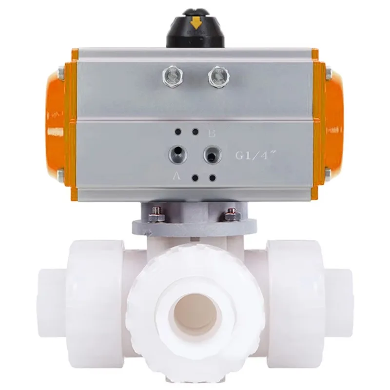 

DN25 L-порт Пневматический 3-ходовой шаровой кран из ПВДФ Коррозионностойкий 3-ходовой шаровой кран с двойным соединением