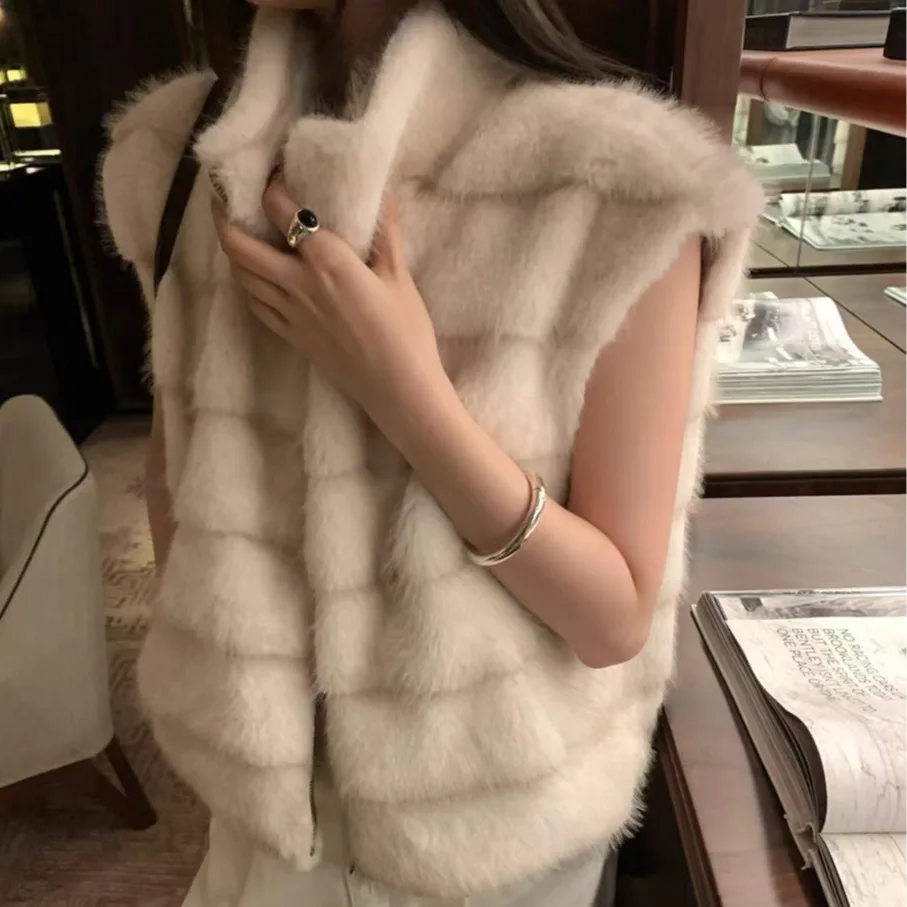 

Autumn Winter New Sle Zipper Furry Leatherette Faion Retro Versatile Elegance Women's Vest Jaet ort Outerwear