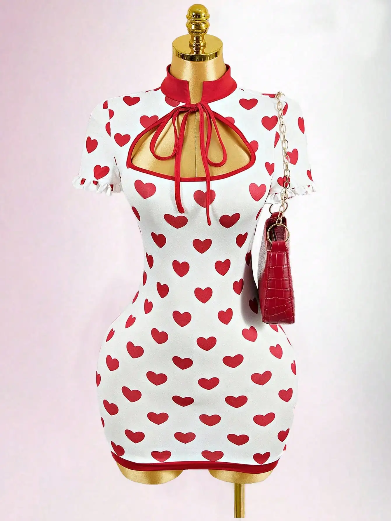 

White Red Heart Print Qipao-Style Mini Dress with Hollow Neck & Ruffle Hem