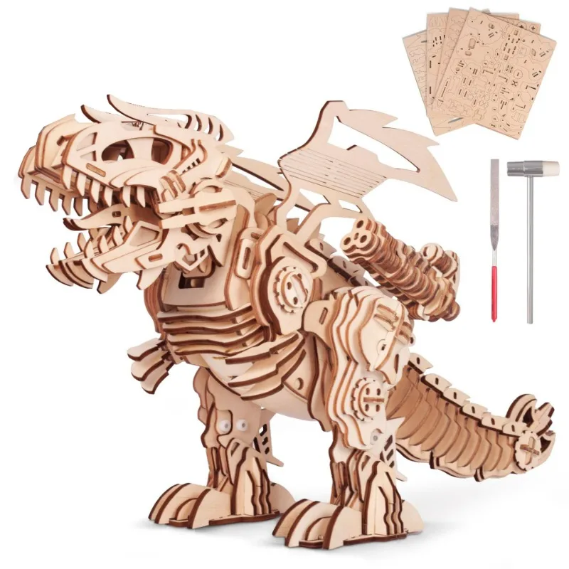 3D Wooden Jigsaw Electric Tyrannosaurus Rex Toy DIY Mechanical Assembly Kit Dinosaur Building Block Model Desktop Decorations