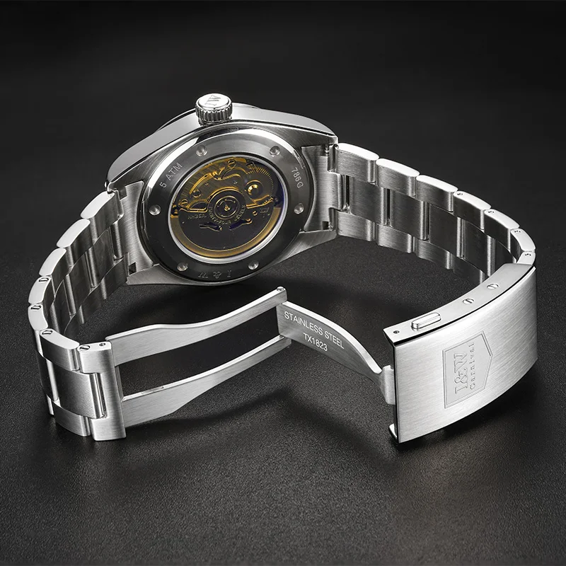 Męski zegarek automatyczny I&W, 40 mm, luksusowy zegarek mechaniczny, wodoszczelność 5 ATM, luminescencyjny, szafirowe szkło, datownik.
