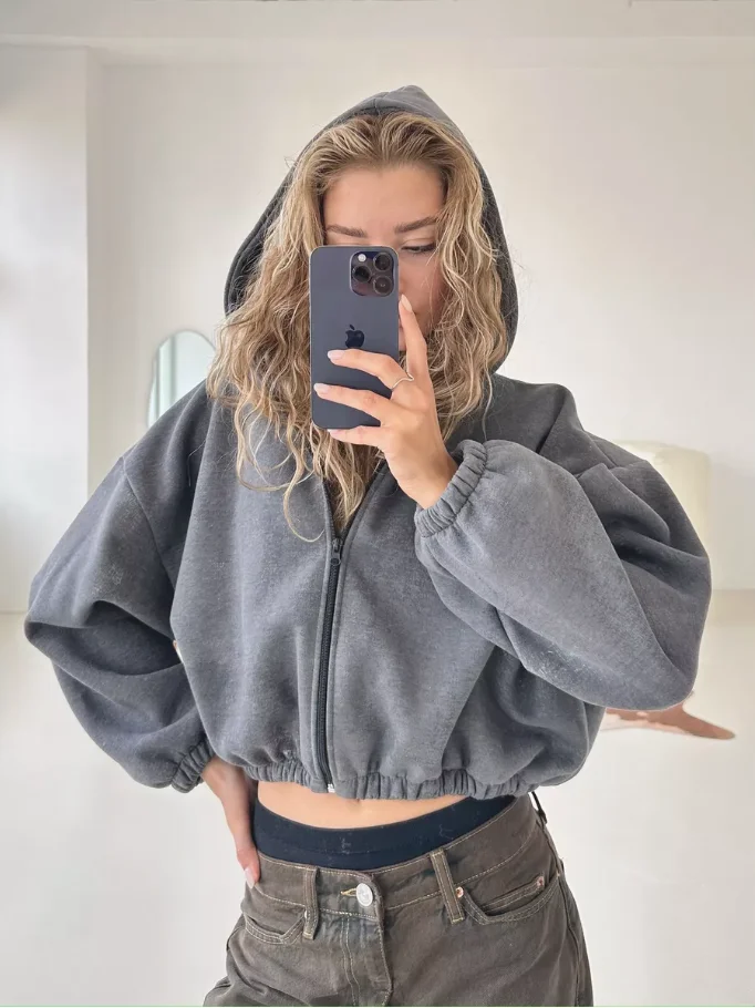 Korean Fashion Chic All Match Hooded Shirt Solid Color Grey Women Clothing Spring Auutumn Y2K Short Zipper Pocket Sweatshirts