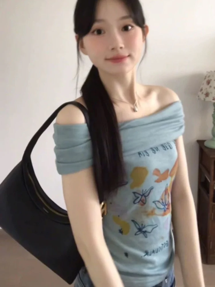 

Футболка Slim Fit ort Sve на одно плечо, женская летняя модная дизайнерская универсальная футболка в Корейском стиле для поездок на работу и ветер irt