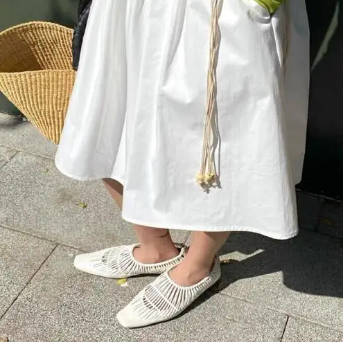 

New Ladies White Soft Leather Square Toe Knitting Hollow Zipper Back Loafers Woman Leisure Flats Mary Jane Shoes Single Shoes