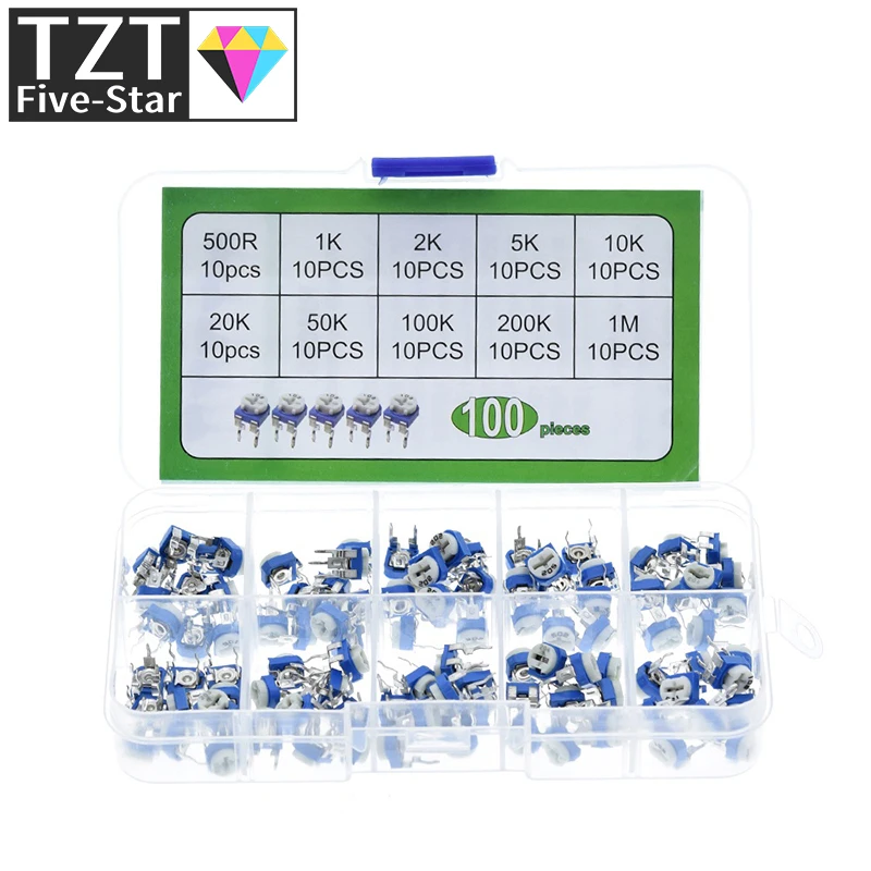 Imagem -04 - Carbon Film Horizontal Trimpot Potenciômetro Variedade Kit 10 Valores Resistor Variável 500r1m Rm065 100 Pcs por Caixa