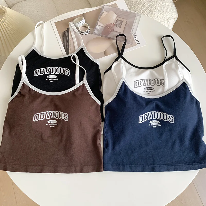 2024 Summer Letter Printing Tops Spaghetti Camisole Women With Padded Bra Crop Tops O-Neck Solid Crop Tops Sports Short Vest 1PC