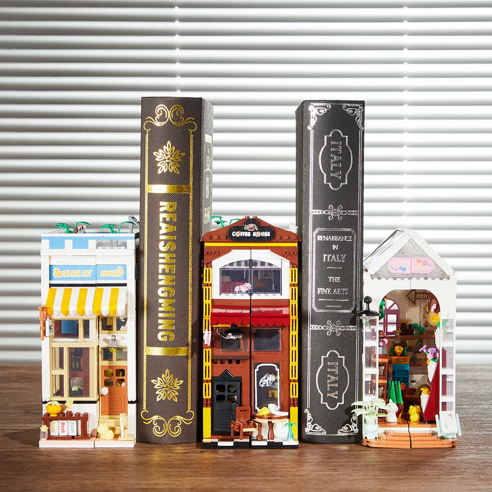 

MOC Cat Bookstore Cafe Flower Shop Expandable Building Blocks Street View Creative Bookends with Light Kids Toys Adults Gifts