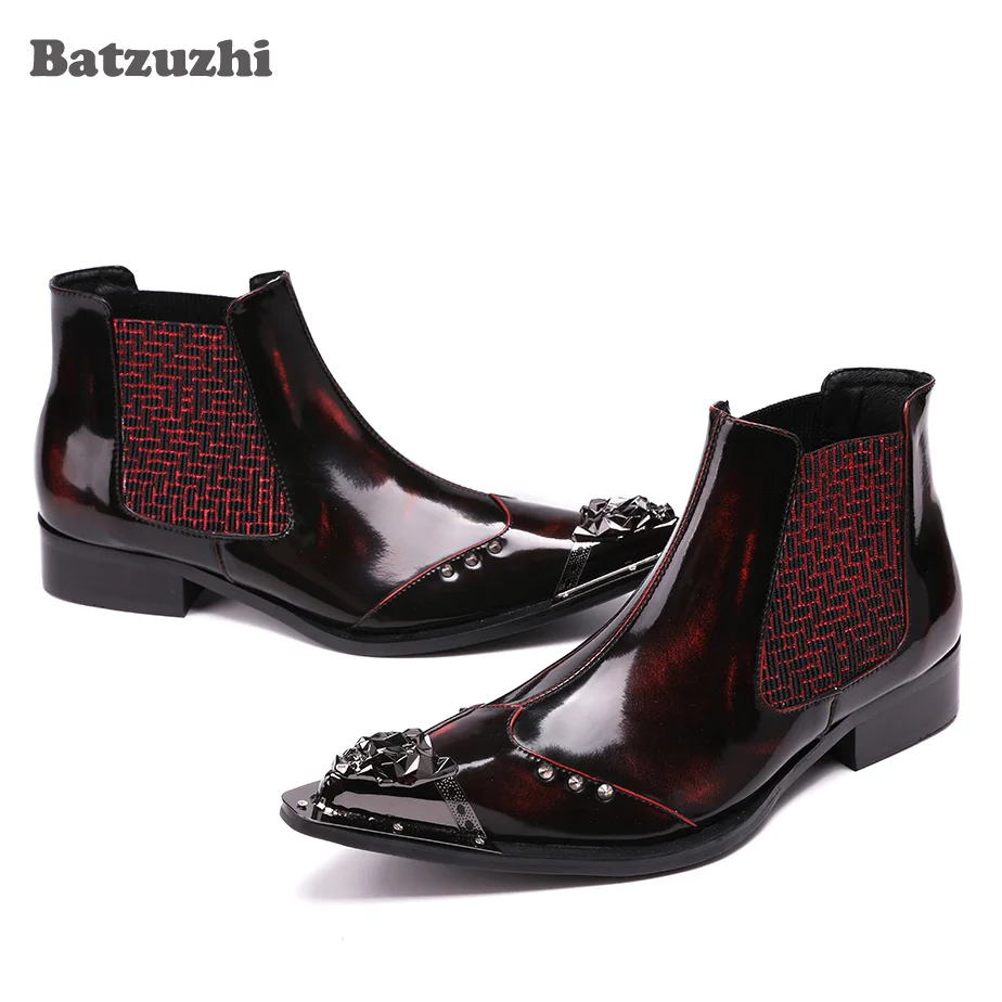 Batzuzhi Japanese type Men Boots New 2025 Rock Fashion Pointed Toe Wine Red Luxury Men Dress Boots Shoes Leather, Big Size 38-46