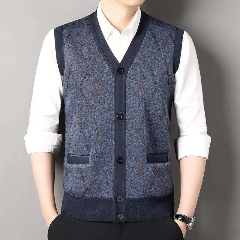 Autumn Winter Men's Sleeveless Knitted Cardigan Middle-aged and Elderly Men's Warm Vest Coat Casual Fit Daily Hair Sweater Vest