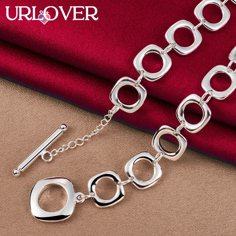 URLOVER 925 Sterling Silver Square Multi-circle Link Chain Necklace For Women Engagement Wedding Fashion Jewelry Birthday Gifts