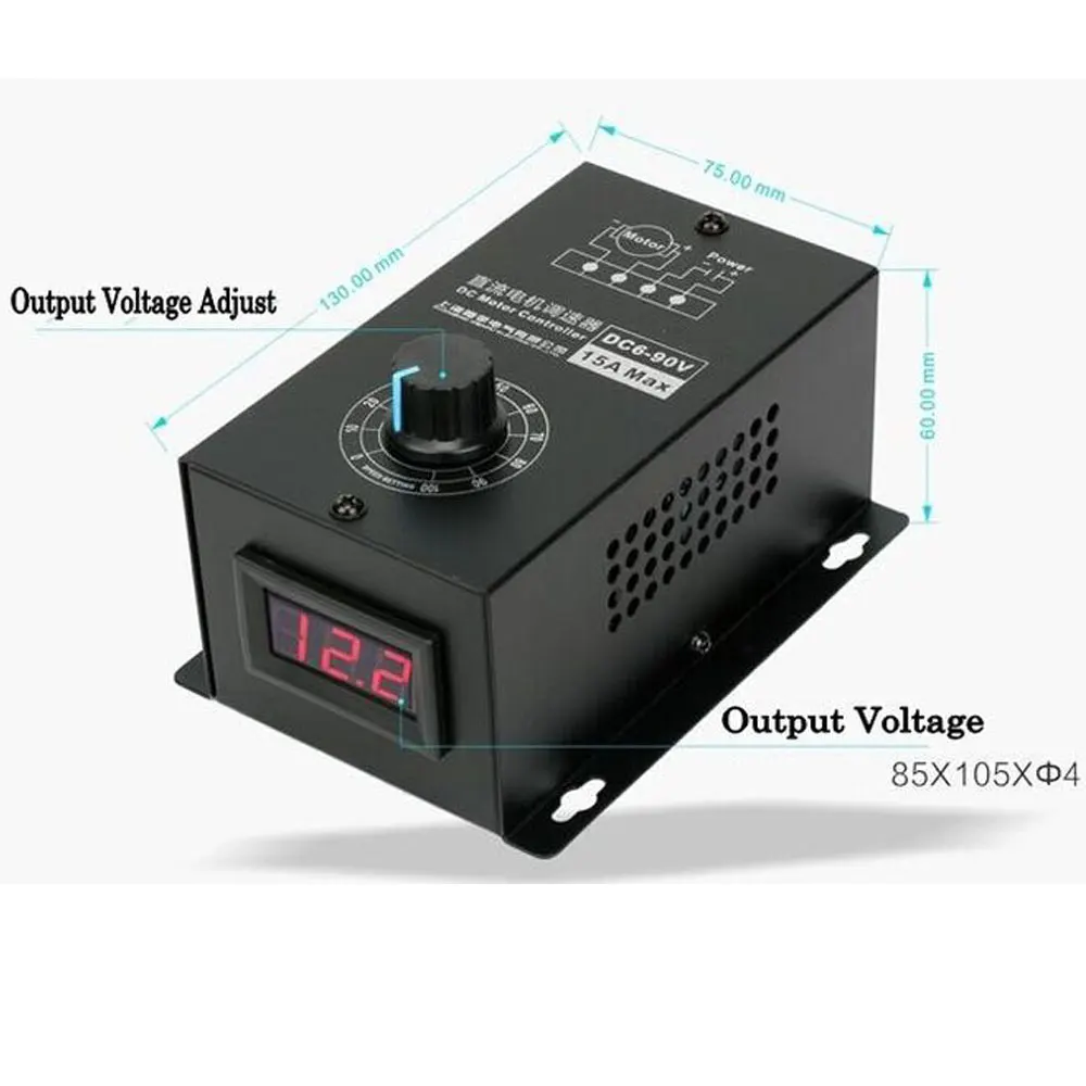 DC Escova Motor Speed Controller, Stepless Regulador de Velocidade, Display Digital, Suporta Controle PLC, 6V-90V, 15A, 0-100% PWM