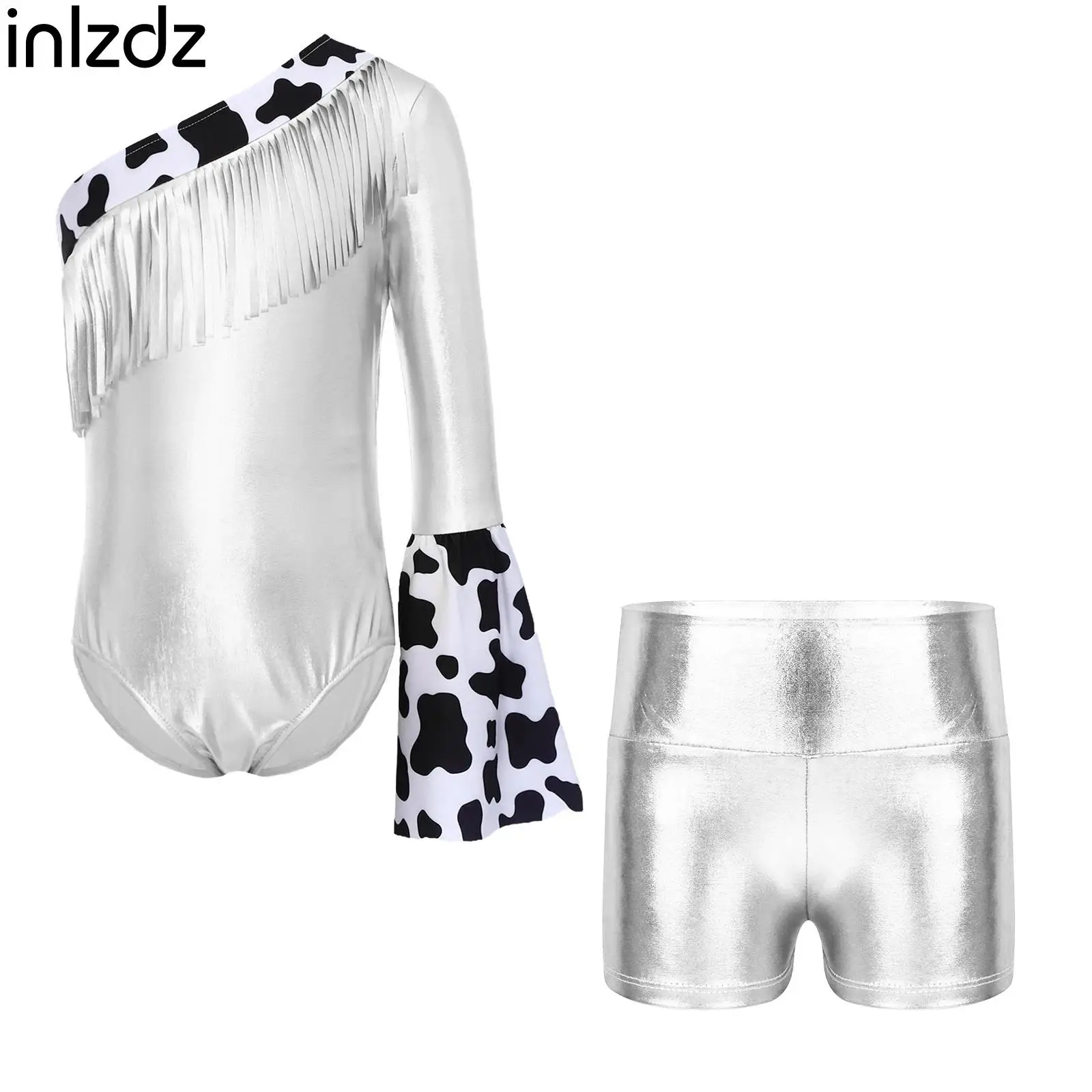 

Kids Girls Western Cowgirl Outfits Left Long Flare Sleeve Fringed Metallic Gymnastics Leotard with Shorts for Halloween Costumes