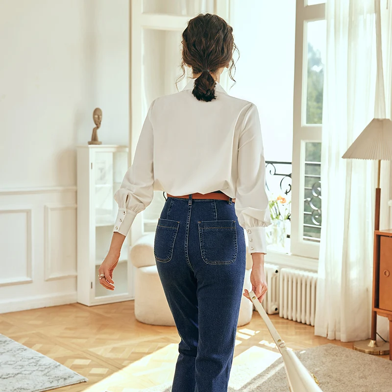 OLrain Retro White Shirt Women's Autumn New French Style Long Sleeve Fashion Polo Neck Work Business Shirts & Blouses E56QC69322