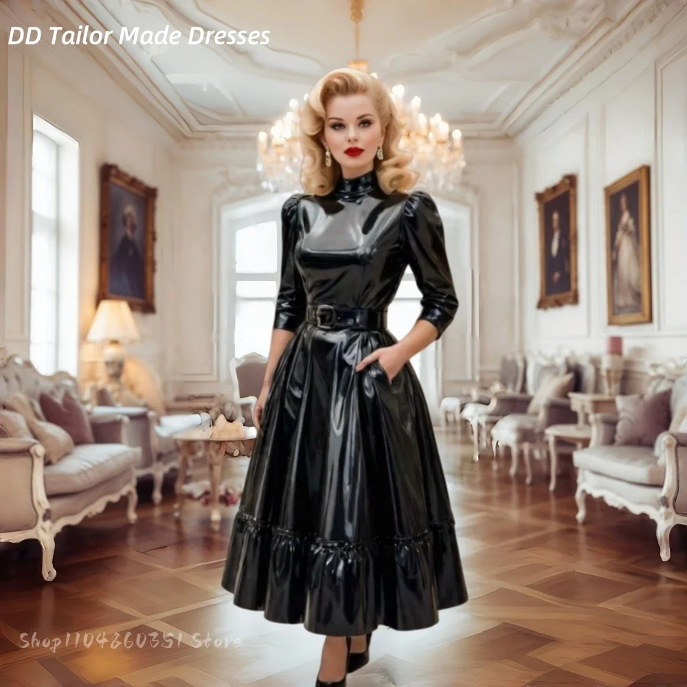 Klassische schwarze Abendkleider mit Taschen, knöchellanges PU-Leder, A-Linie-Abschlussballkleid, maßgeschneidert, hoher Kragen, Damen-Partykleidung