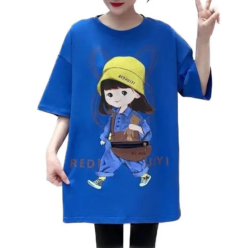 Y2k Clothing Summer Women's Cute Little Girl Backpack Zipper Pocket Decoration Blue Short Sleeve Loose Cotton T-shirt Tops