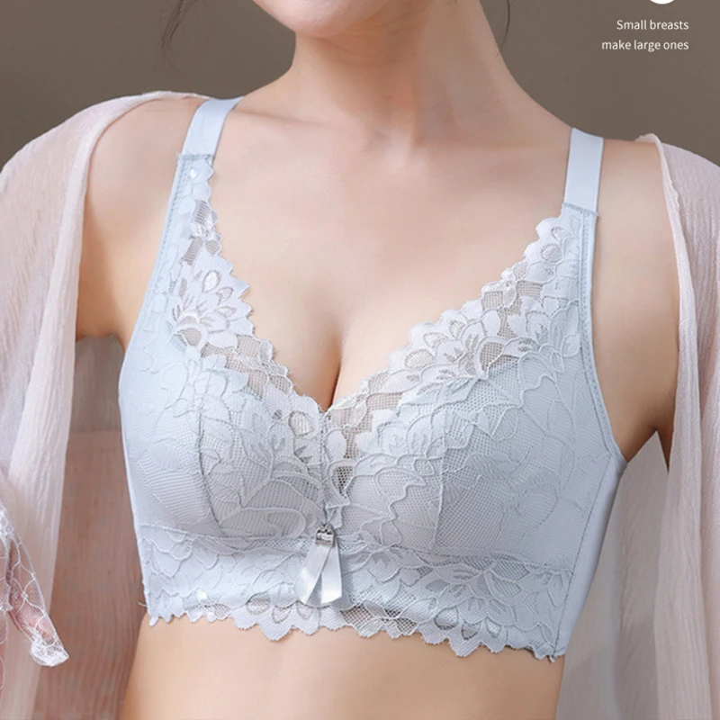 V-Neck Lace Bra Women Thin Breathable Cup Fitted To Chest Underwear Suit Gently Lift Comfortable Chest Shape Without Steel Ring