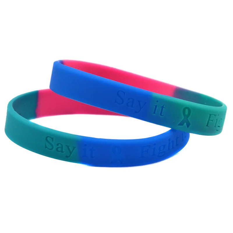 1 Stück/6 Stück geprägtes Silikon-Armband mit der Aufschrift „Say It, Fight It, Cure It“ zur Förderung der Aufmerksamkeit für Brustkrebs – Detail 2