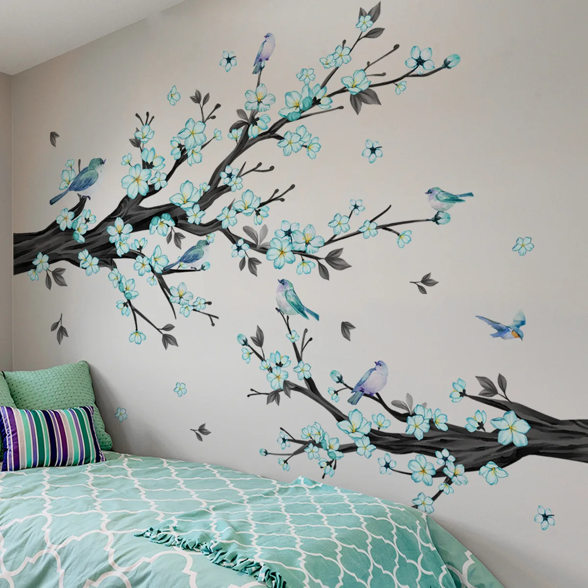 

Wall Sticker Blue Flower Branches Bird Wall Sticker Home Background Decoration Self-adhesive