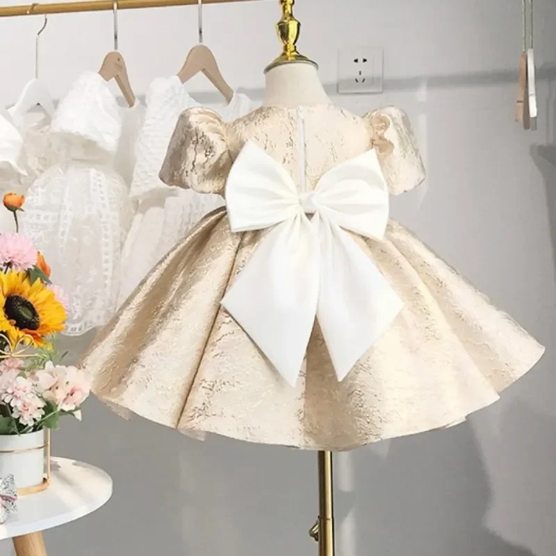 New Baby Girl Princess Dress Puff Sleeve Infant Toddler Teen Bow Vestido Gold Party Birthday Ball Gown Xmas Baby Clothes 1-14Y