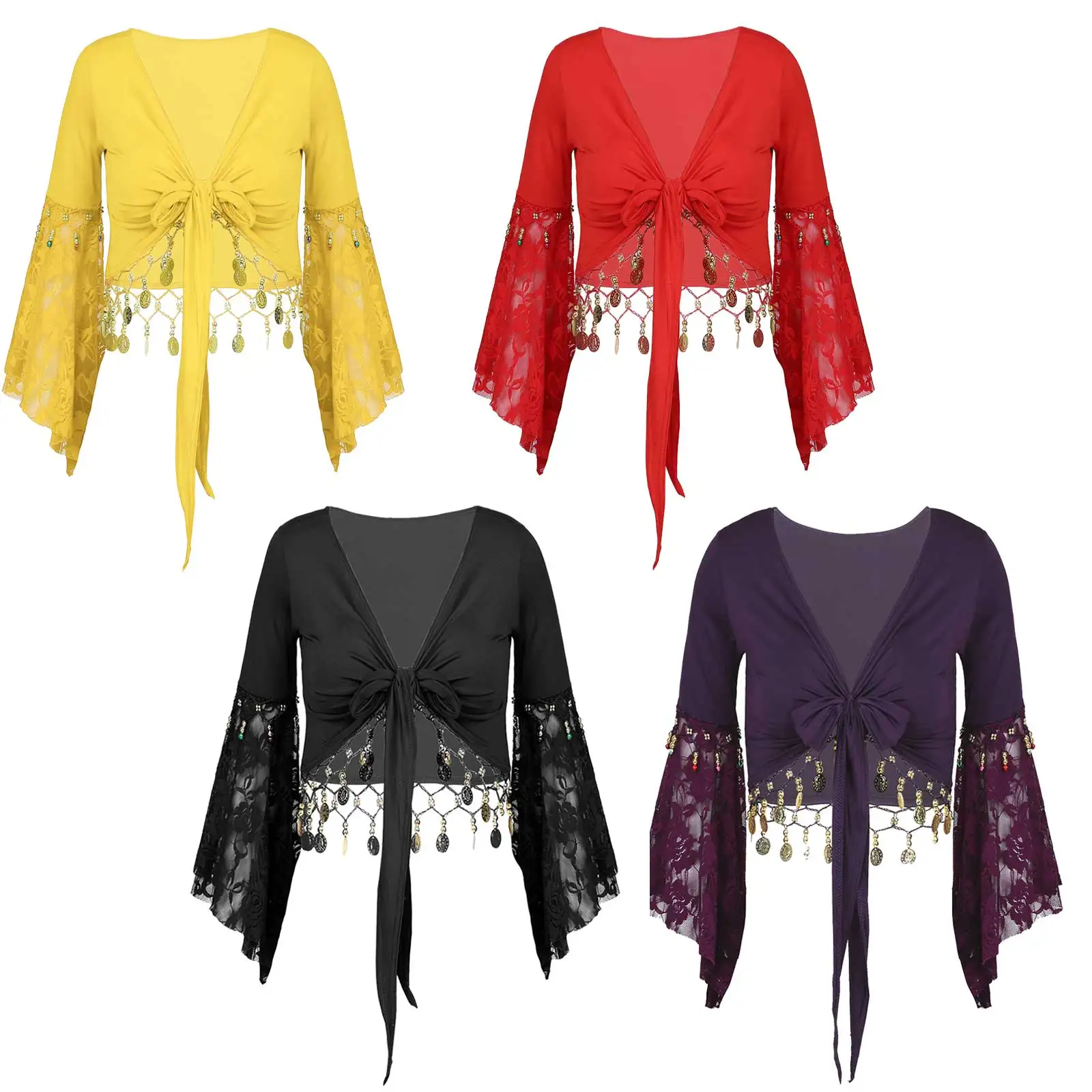 Mujer encaje Patchwork tres cuartos manga acampanada borla con cuentas con cordones chal Crop Tops cárdigan traje de danza del vientre indio