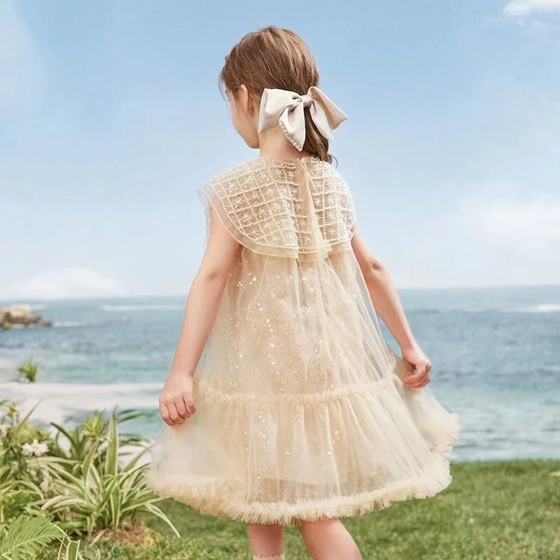 Girls Skirt 2024 New Summer Dress Fashion Beaded Tank Top Dress Children\'s Little Girl Princess Dress Girl Baby Beaded Dress