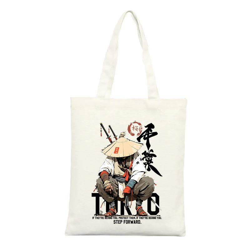 Canvas Tote Bag with Samurai-inspired Graphic and Typography Print, Ideal for Casual Daily Use and Urban Outings
