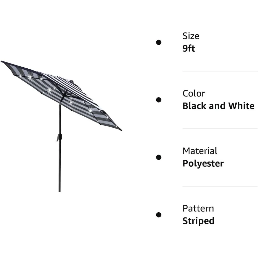 Paraguas Solar iluminado con luz LED, sistema de elevación de manivela, ajuste de 8 costillas, Patio, blanco y negro, 9 ', 24 LED