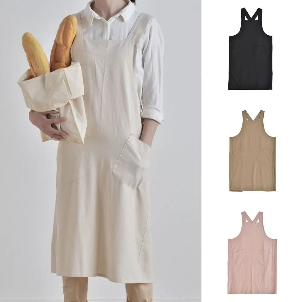 

Кухонный фартук в японском стиле с карманами, хлопковый льняной фартук с перекрестной спинкой, однотонный садовый рабочий фартук без рукавов, кулинария