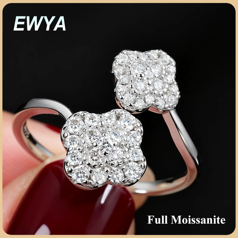 

EWYA Lucky Clover Full Moissanite Open Ring Certified Pass Diamond Test s925 Silver Party Promise Adjustable Band for Women Gift