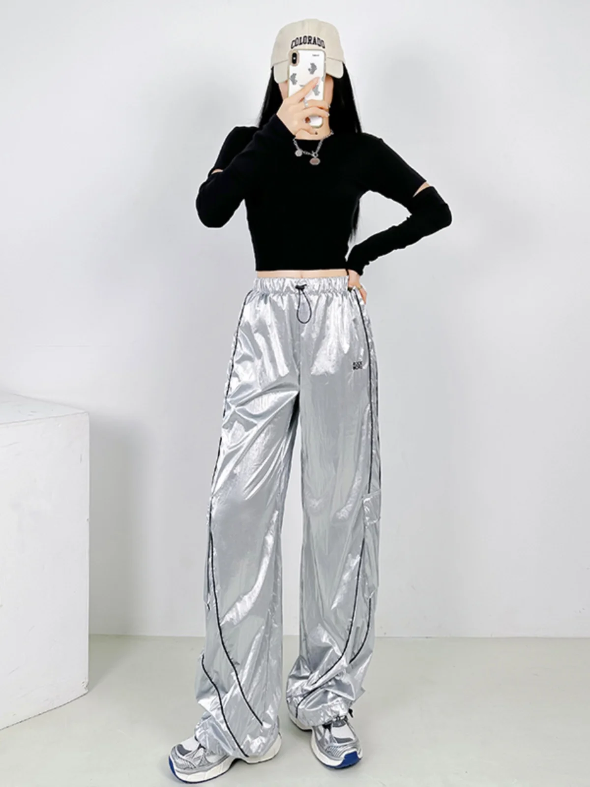 Silver Shiny Streetwear Work Pants Men's Trousers Jazz Dance Hip Hop Autumn Winter Fashionable High Waist Wide Leg Pants