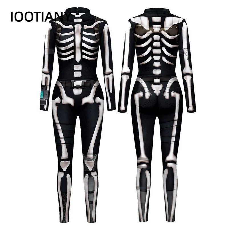 IOOTIANY Adult Women 3D Skeleton Had Halloween Cosplay Fancy Dress Spandex Jumpsuit  Long Sleeve Cosplay New Jumpsuit