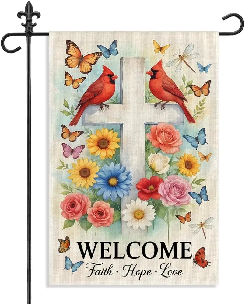 Welcome Faith Hope Love Garden Flag, 12 x 18 Inch Double Sided Cardinal Welcome Outdoor Yard Decor for Porch Patio, Housewar IIC