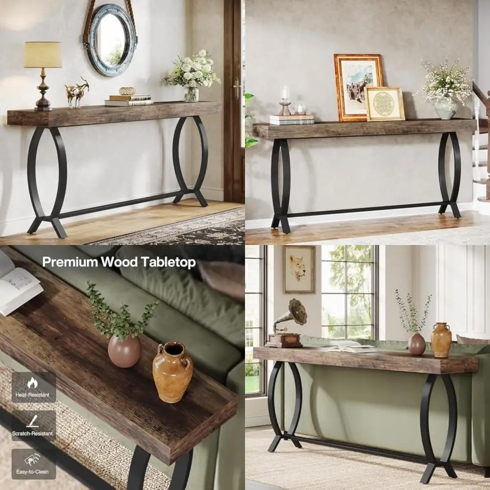 طاولة مدخل ضيقة طويلة مقاس 70.87 بوصة، طاولة أريكة على طراز المزرعة خلف الأريكة مع لمسات معدنية