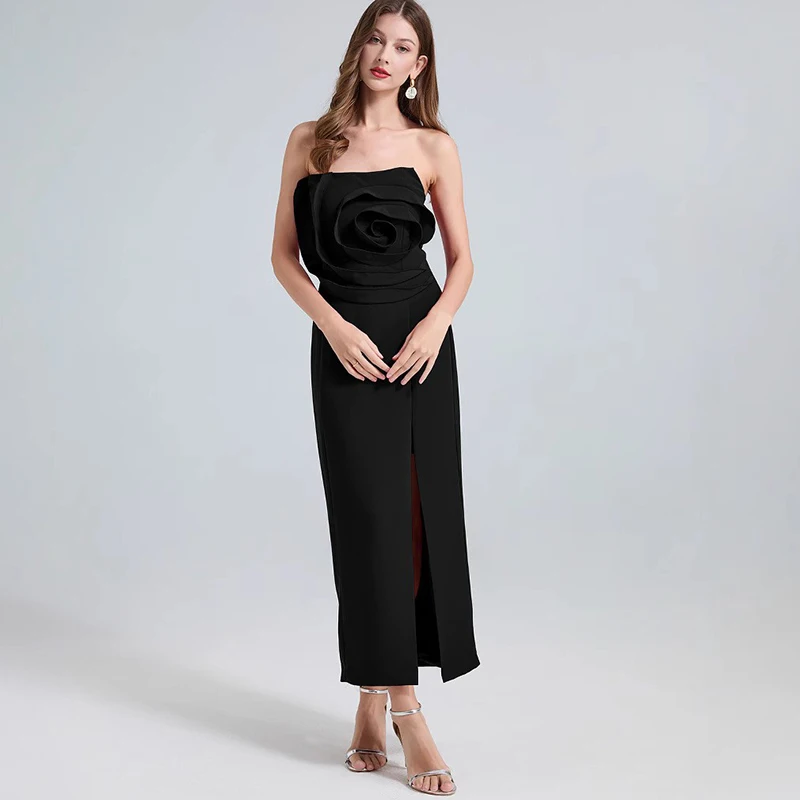 Flores dimensionais vestidos sem alças primavera feminino zíper lateral sem mangas vestido elegante verão cintura alta vestido de embrulho no peito